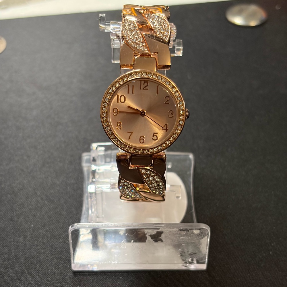 FMD Cuff Watch Women OS Rose Gold‎ Tone Rhinestone Chain Link Analog Quartz